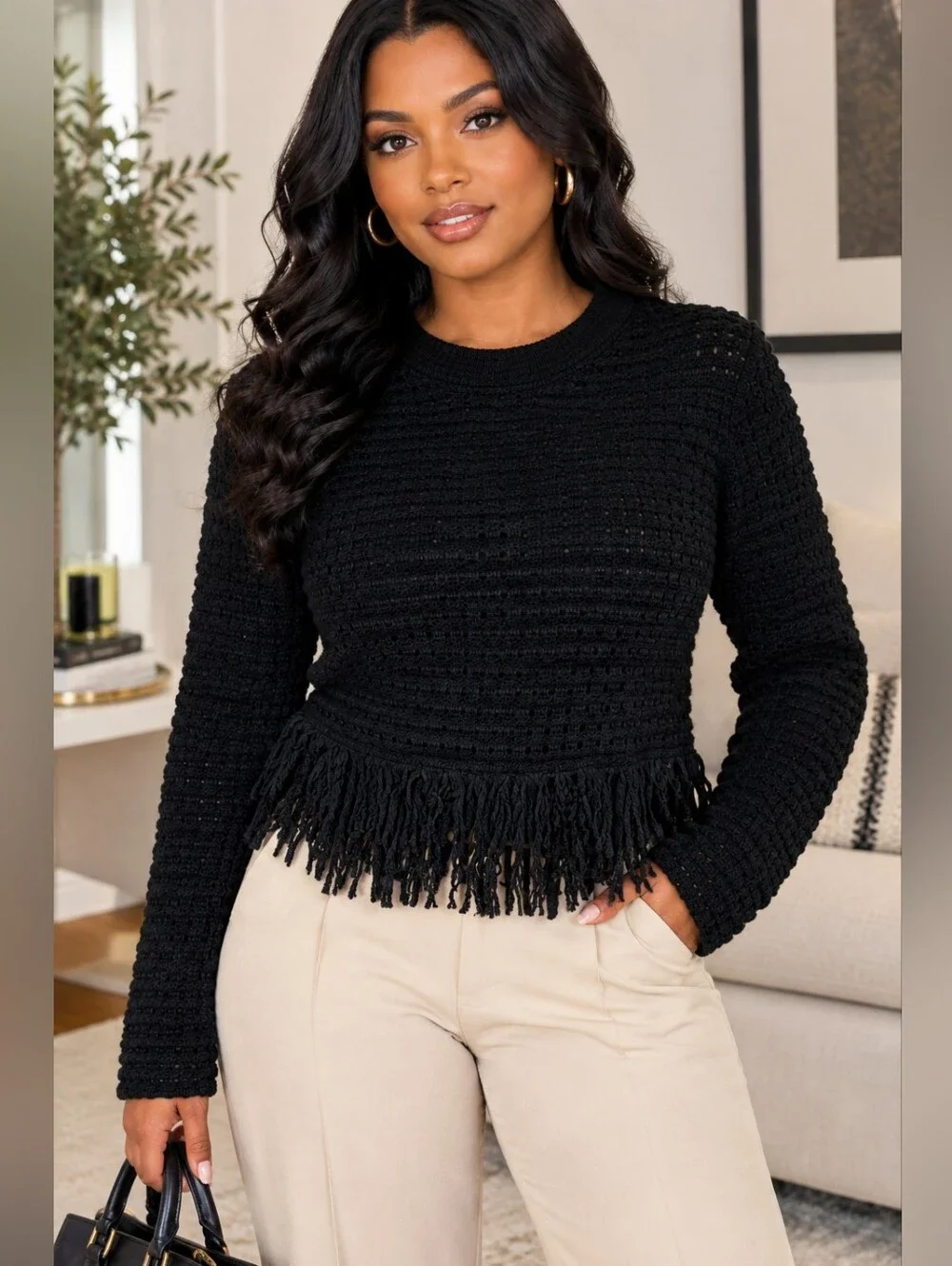 Zara Boho Chic Navy Blue Fringe Crop Textured Sweater Size M